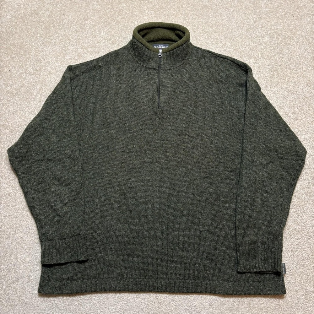 Vtg Woolrich Sweater Mens 2XL Green 1/4 Zip Mock Neck Knit Pullover Fleece Casua